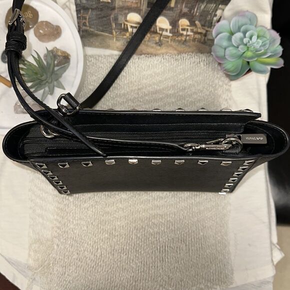 Michael Kors Black Crossgrain Leather Silver Tone Studded Small Crossbody Bag - Picture 3 of 9